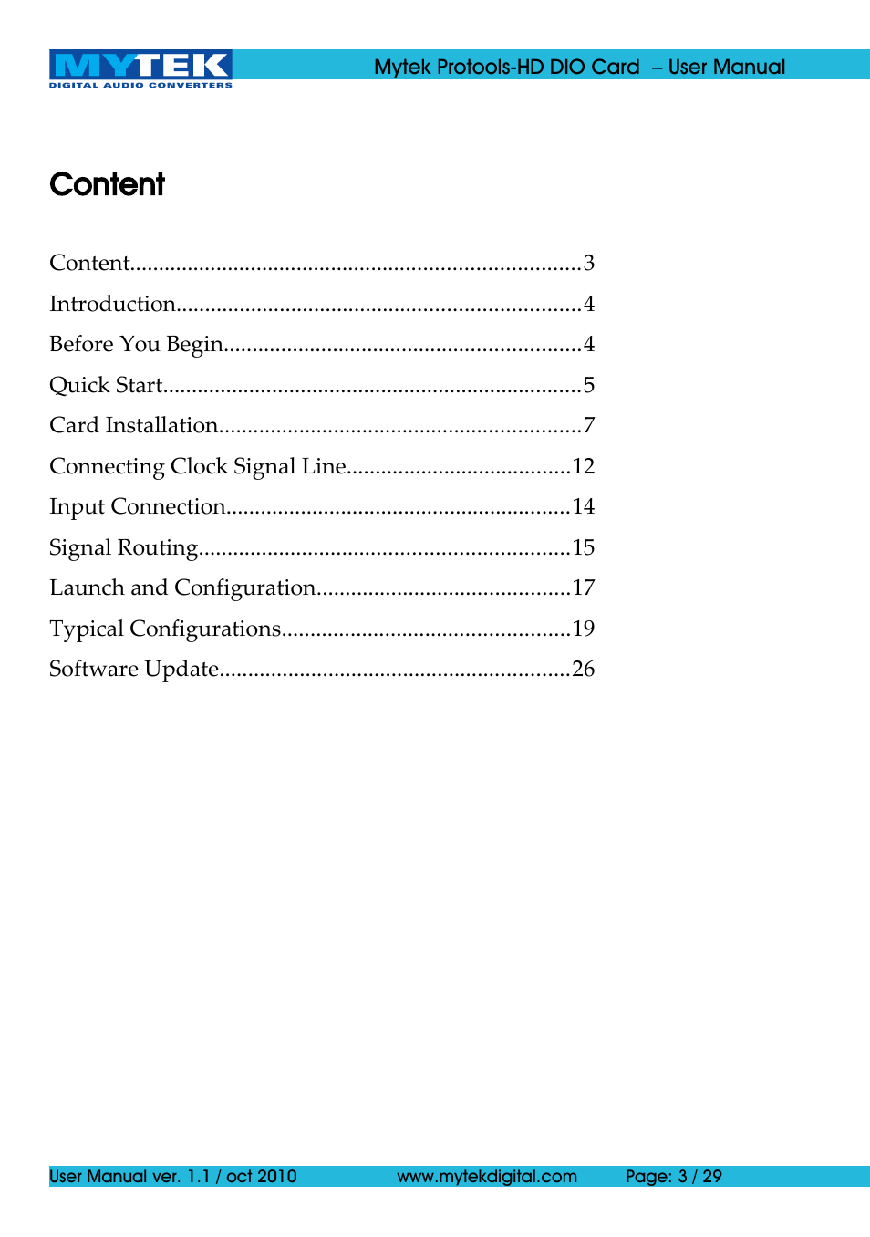 Content | Mytek Digital Protools HD DIO Card (ver. 1.1 / Oct 2010) User Manual | Page 3 / 29