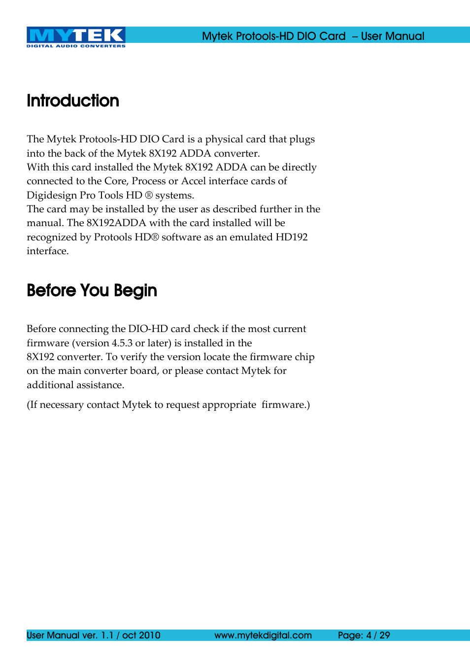 Introduction, Before you begin | Mytek Digital Protools HD DIO Card (ver. 1.1 / Oct 2010) User Manual | Page 4 / 29