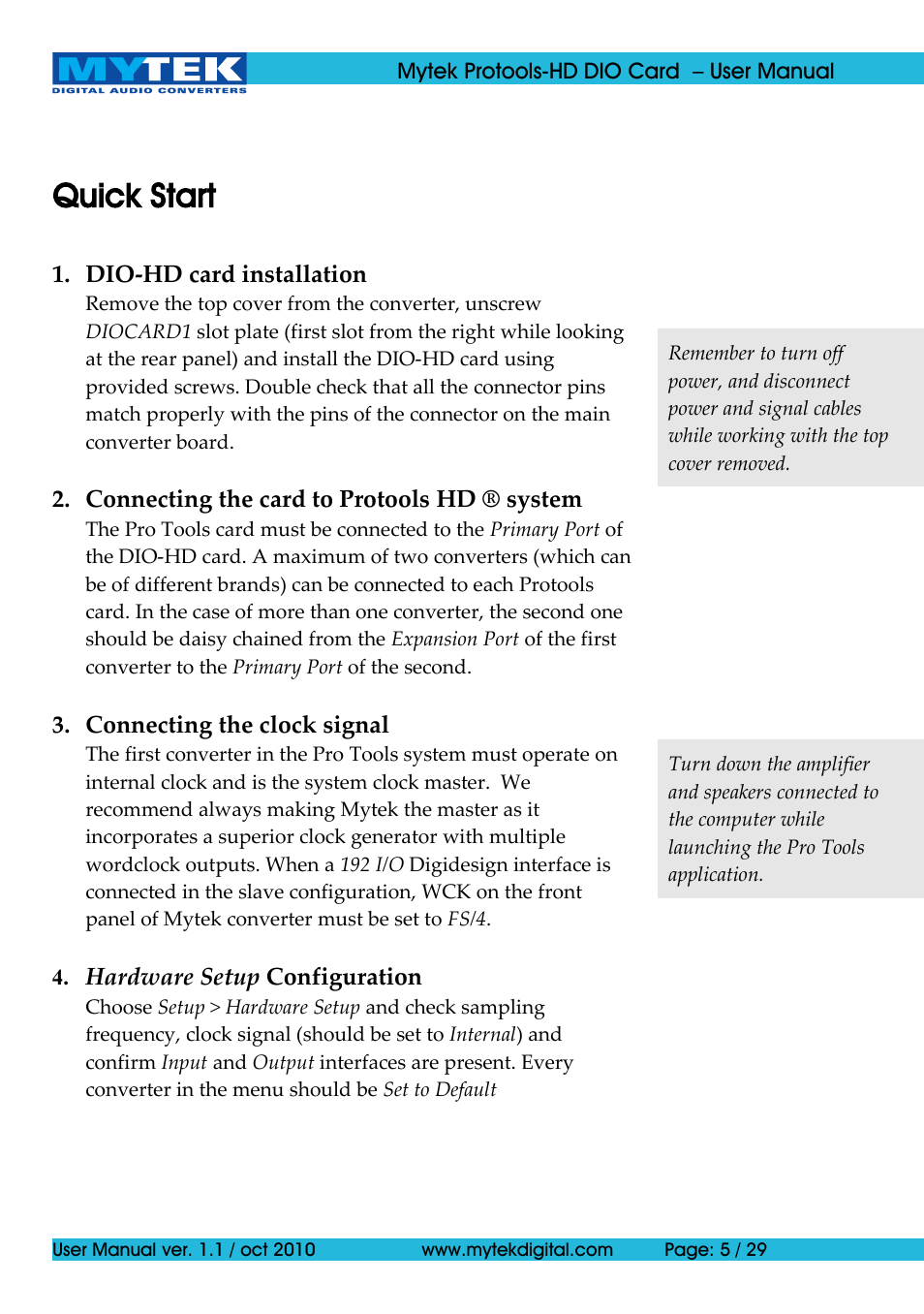 Quick start | Mytek Digital Protools HD DIO Card (ver. 1.1 / Oct 2010) User Manual | Page 5 / 29