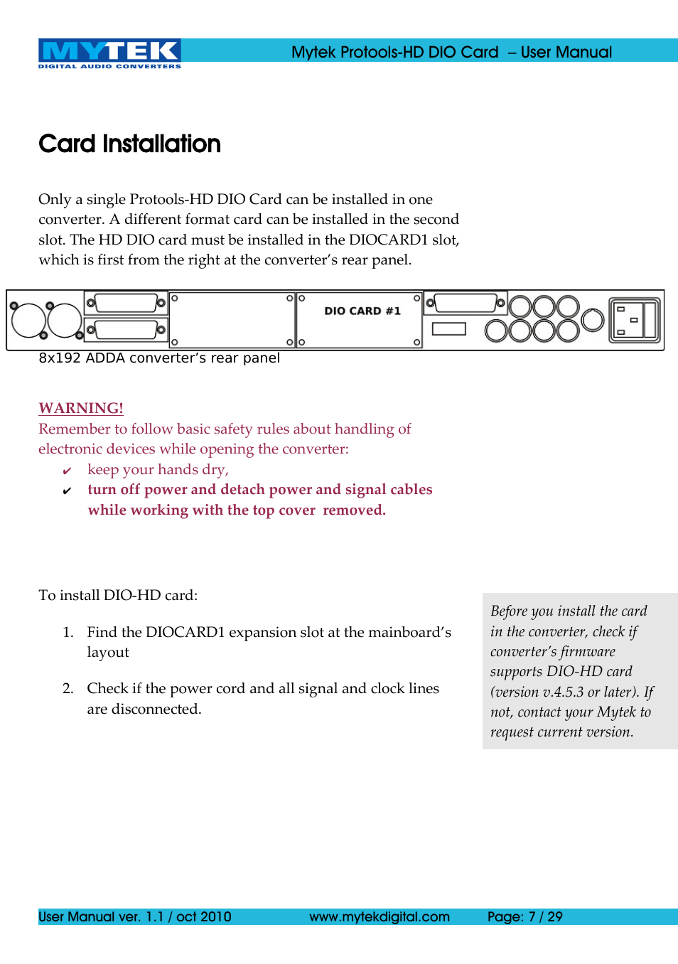 Card installation | Mytek Digital Protools HD DIO Card (ver. 1.1 / Oct 2010) User Manual | Page 7 / 29