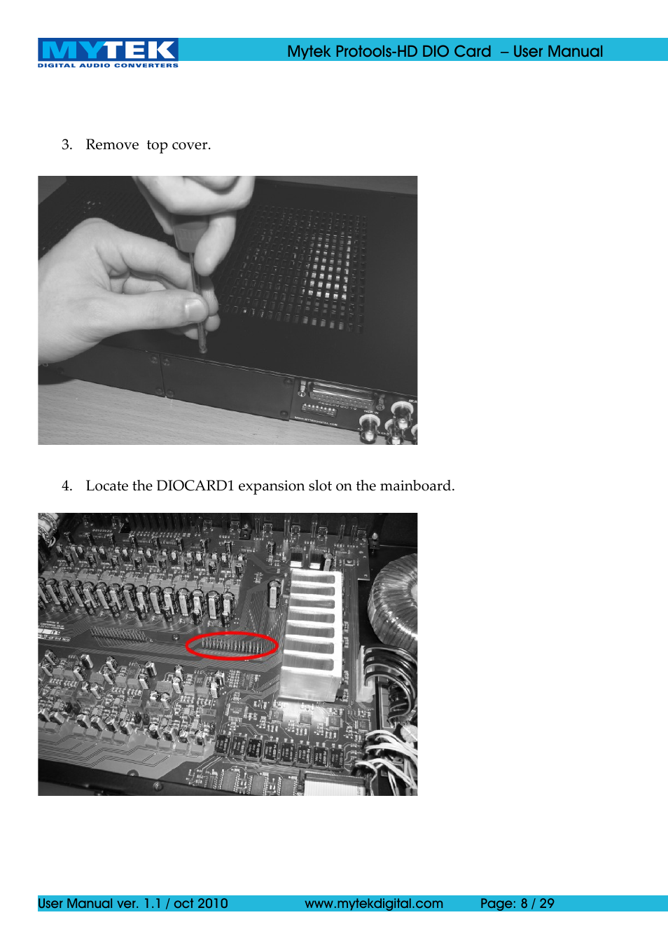 Mytek Digital Protools HD DIO Card (ver. 1.1 / Oct 2010) User Manual | Page 8 / 29