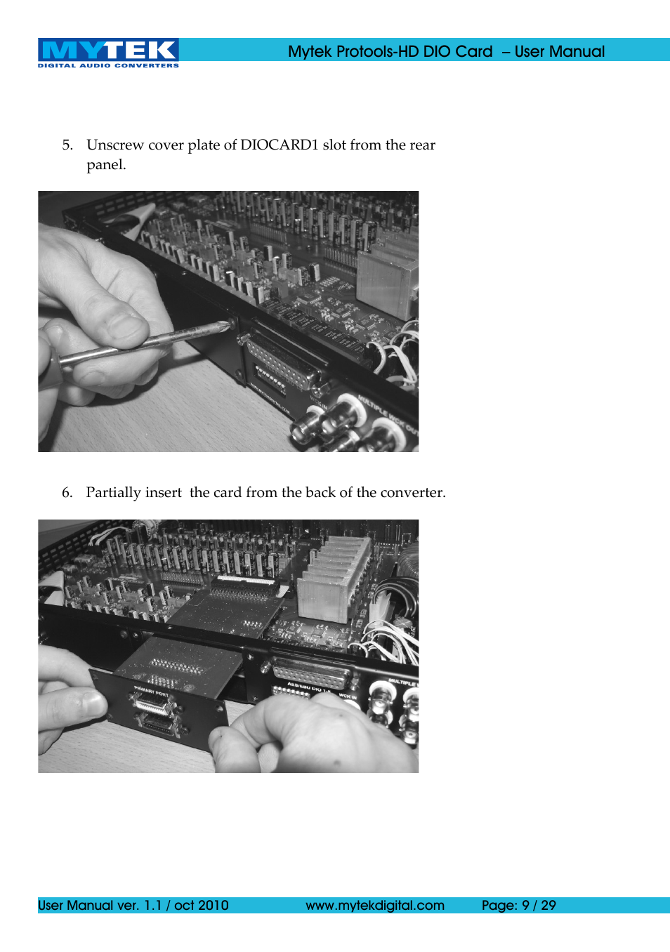 Mytek Digital Protools HD DIO Card (ver. 1.1 / Oct 2010) User Manual | Page 9 / 29