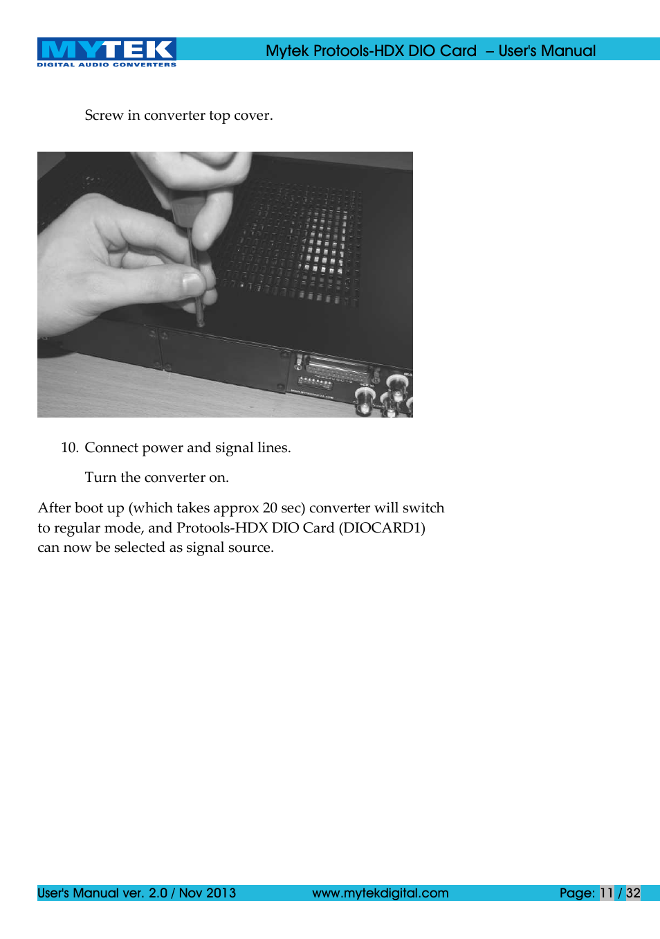 Mytek Digital Protools HDX DIO Card (ver. 2.0 / Nov 2013) User Manual | Page 11 / 32