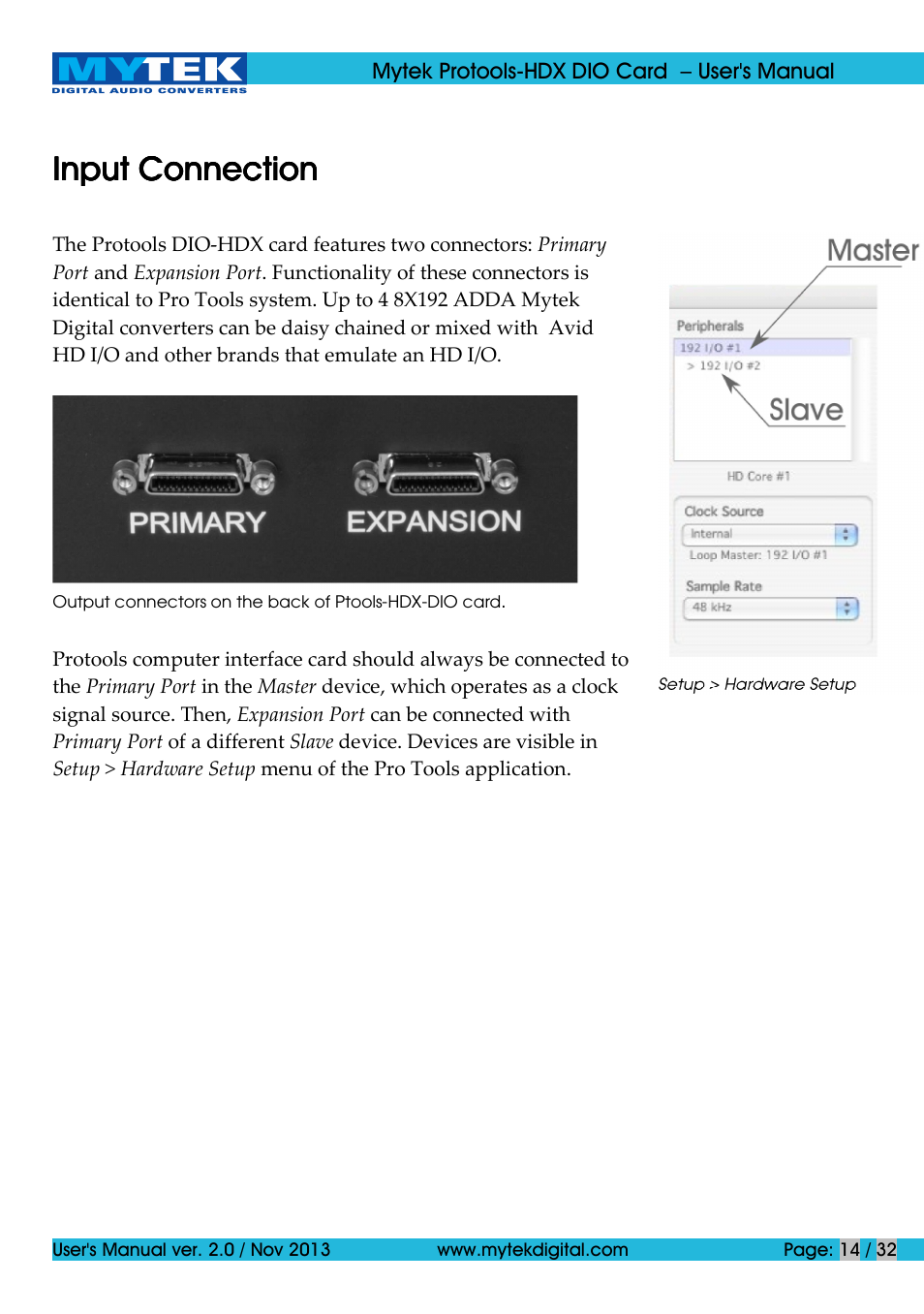 Input connection | Mytek Digital Protools HDX DIO Card (ver. 2.0 / Nov 2013) User Manual | Page 14 / 32
