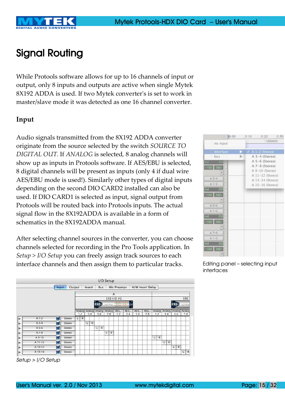 Signal routing | Mytek Digital Protools HDX DIO Card (ver. 2.0 / Nov 2013) User Manual | Page 15 / 32