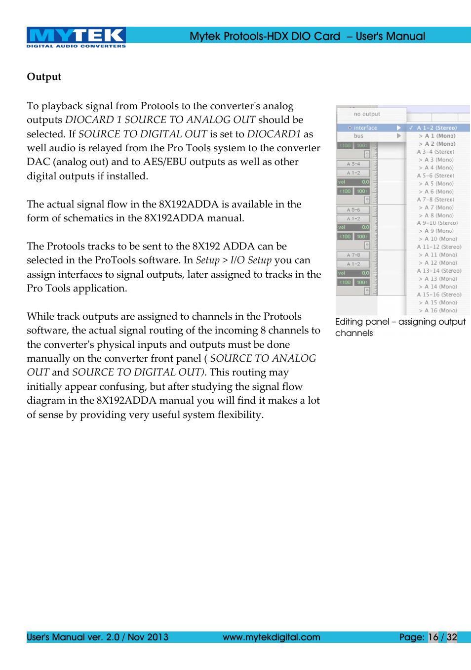 Mytek Digital Protools HDX DIO Card (ver. 2.0 / Nov 2013) User Manual | Page 16 / 32