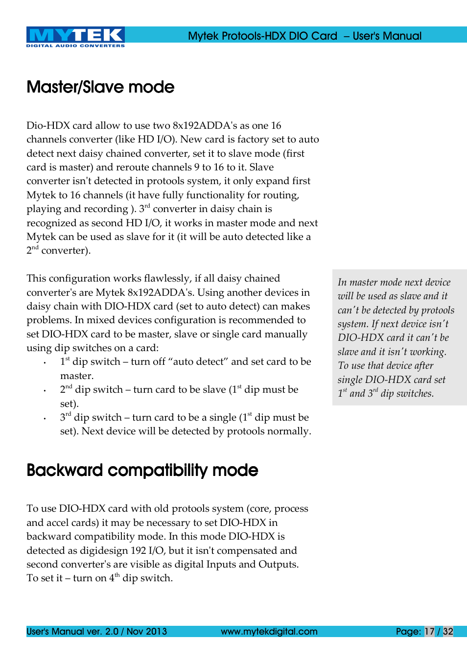 Master/slave mode, Backward compatibility mode | Mytek Digital Protools HDX DIO Card (ver. 2.0 / Nov 2013) User Manual | Page 17 / 32