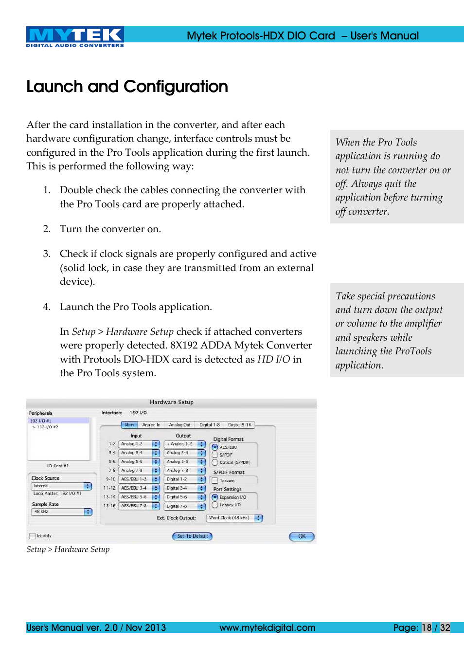 Launch and configuration | Mytek Digital Protools HDX DIO Card (ver. 2.0 / Nov 2013) User Manual | Page 18 / 32