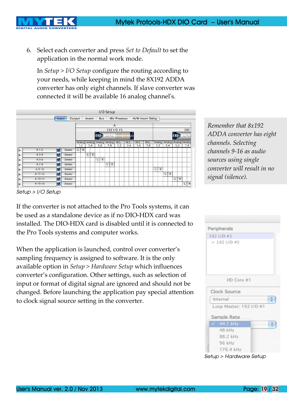 Mytek Digital Protools HDX DIO Card (ver. 2.0 / Nov 2013) User Manual | Page 19 / 32