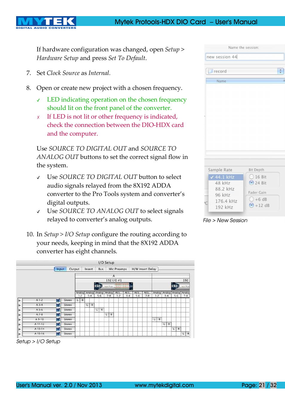 Mytek Digital Protools HDX DIO Card (ver. 2.0 / Nov 2013) User Manual | Page 21 / 32