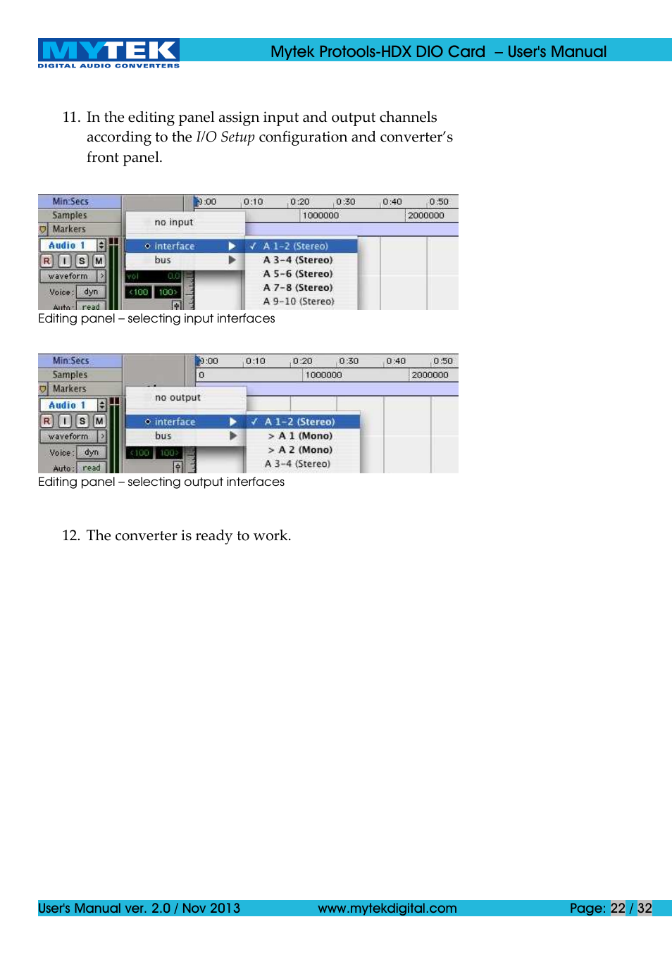 Mytek Digital Protools HDX DIO Card (ver. 2.0 / Nov 2013) User Manual | Page 22 / 32