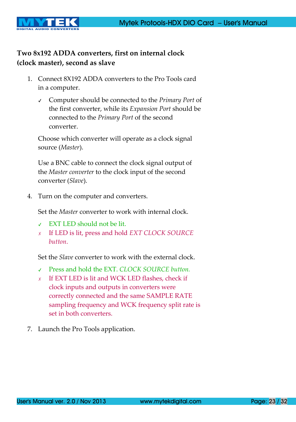 Mytek Digital Protools HDX DIO Card (ver. 2.0 / Nov 2013) User Manual | Page 23 / 32