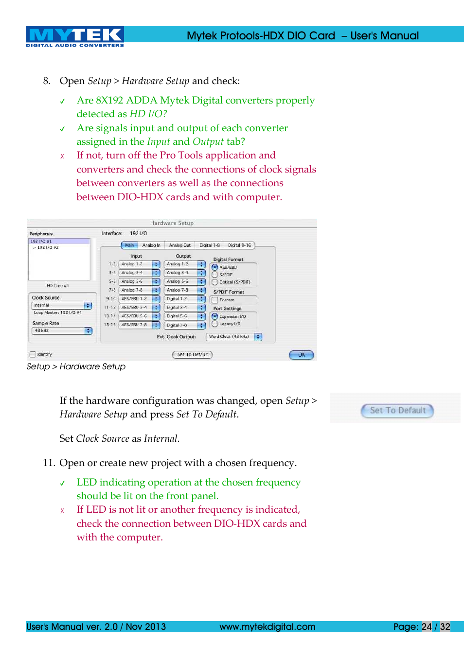 Mytek protools-hdx dio card – user's manual | Mytek Digital Protools HDX DIO Card (ver. 2.0 / Nov 2013) User Manual | Page 24 / 32