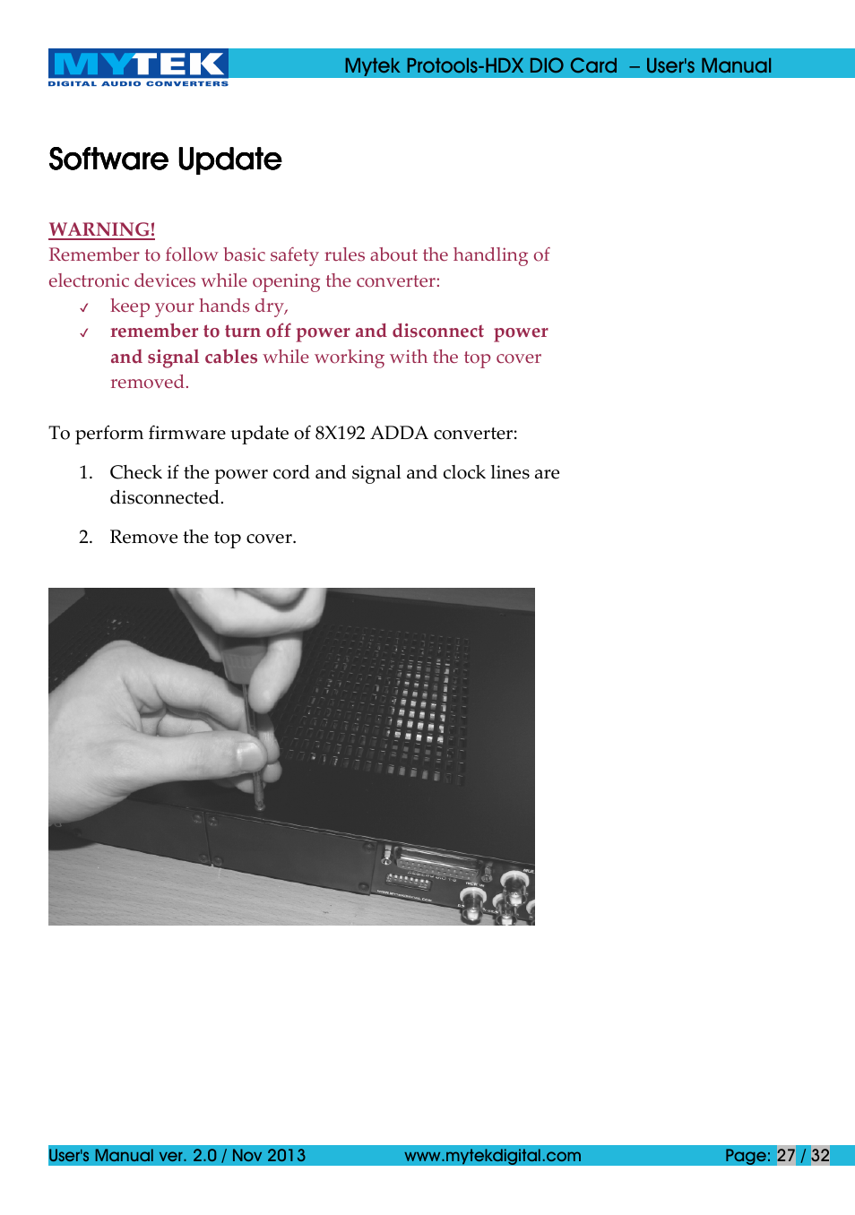 Software update | Mytek Digital Protools HDX DIO Card (ver. 2.0 / Nov 2013) User Manual | Page 27 / 32