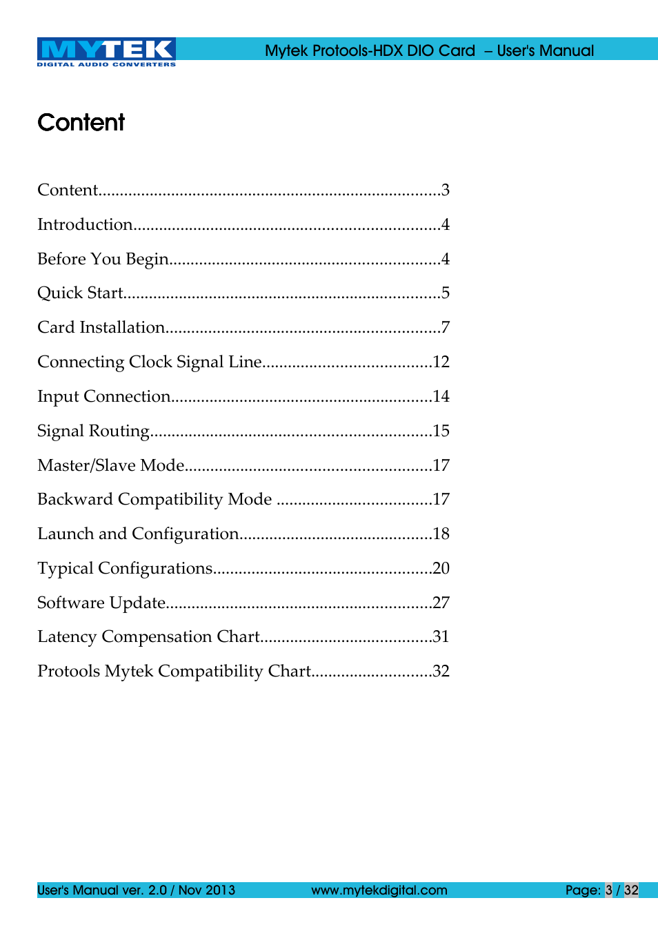 Content | Mytek Digital Protools HDX DIO Card (ver. 2.0 / Nov 2013) User Manual | Page 3 / 32