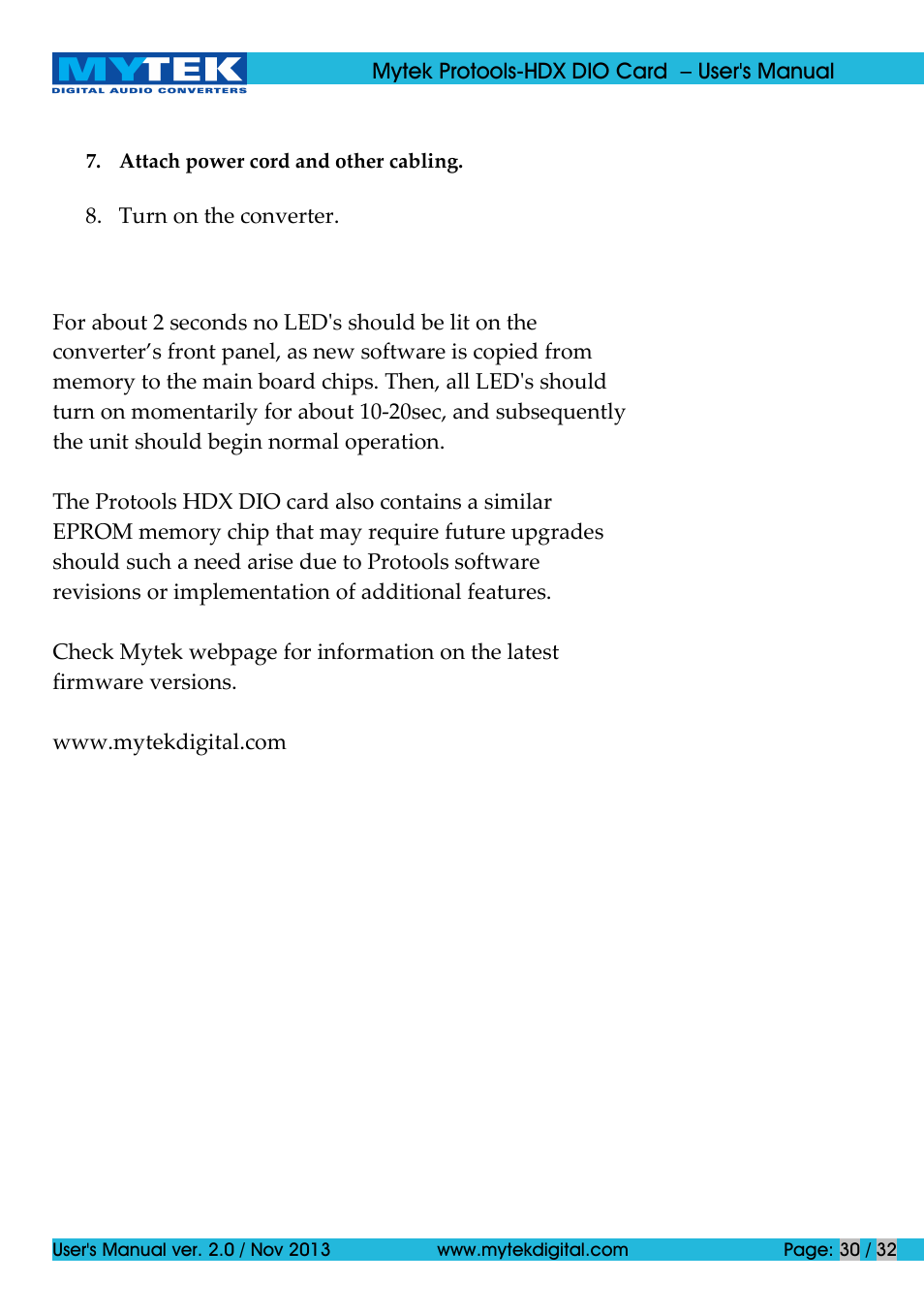 Mytek Digital Protools HDX DIO Card (ver. 2.0 / Nov 2013) User Manual | Page 30 / 32