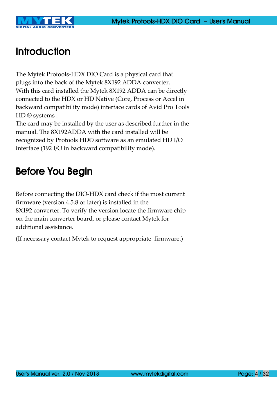 Introduction, Before you begin | Mytek Digital Protools HDX DIO Card (ver. 2.0 / Nov 2013) User Manual | Page 4 / 32