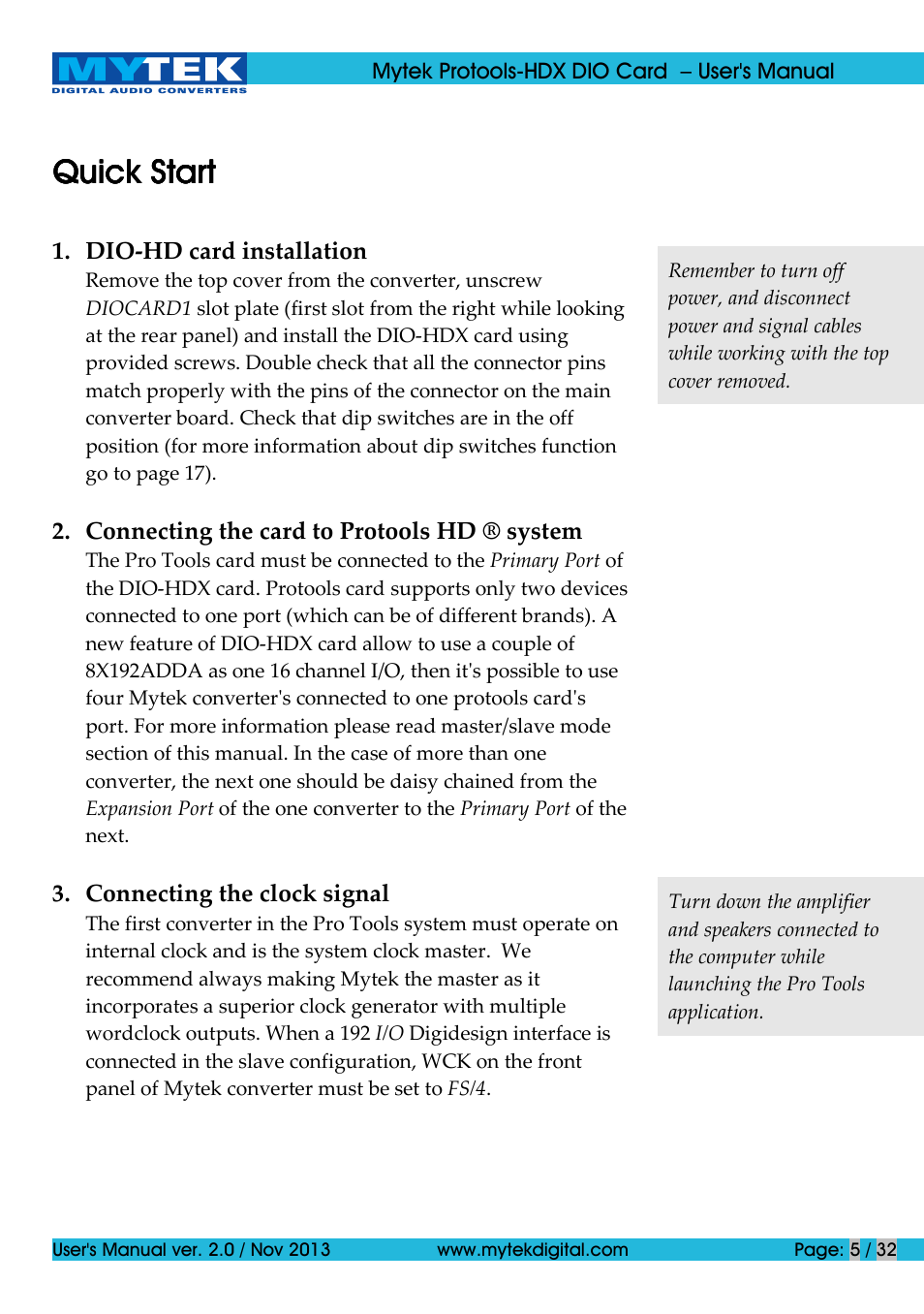 Quick start | Mytek Digital Protools HDX DIO Card (ver. 2.0 / Nov 2013) User Manual | Page 5 / 32