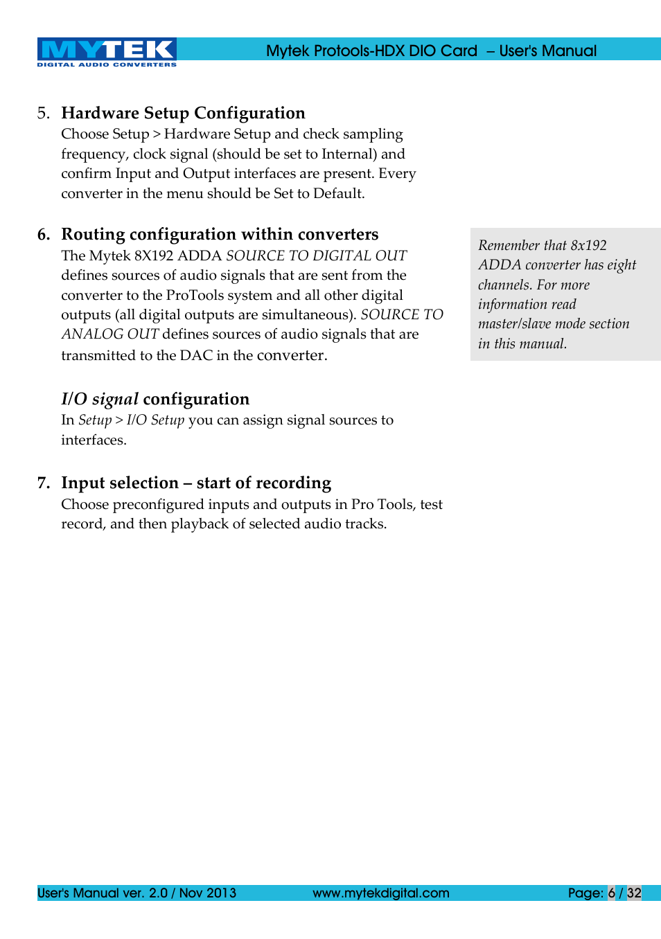 Mytek Digital Protools HDX DIO Card (ver. 2.0 / Nov 2013) User Manual | Page 6 / 32