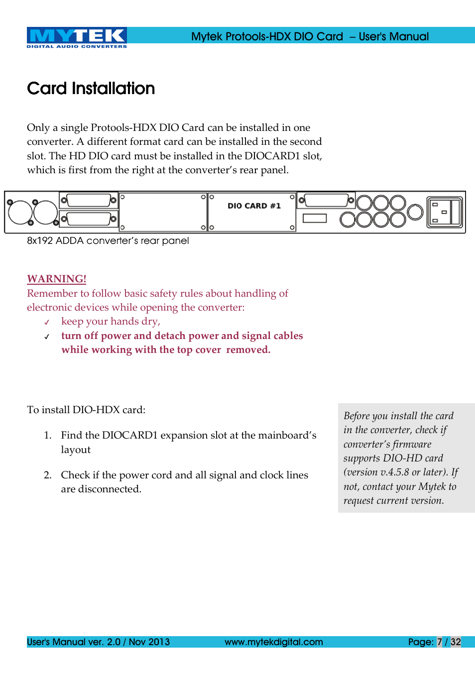 Card installation | Mytek Digital Protools HDX DIO Card (ver. 2.0 / Nov 2013) User Manual | Page 7 / 32