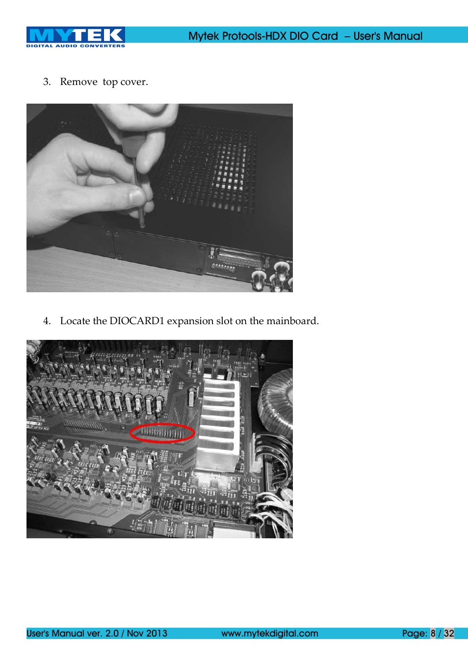 Mytek Digital Protools HDX DIO Card (ver. 2.0 / Nov 2013) User Manual | Page 8 / 32