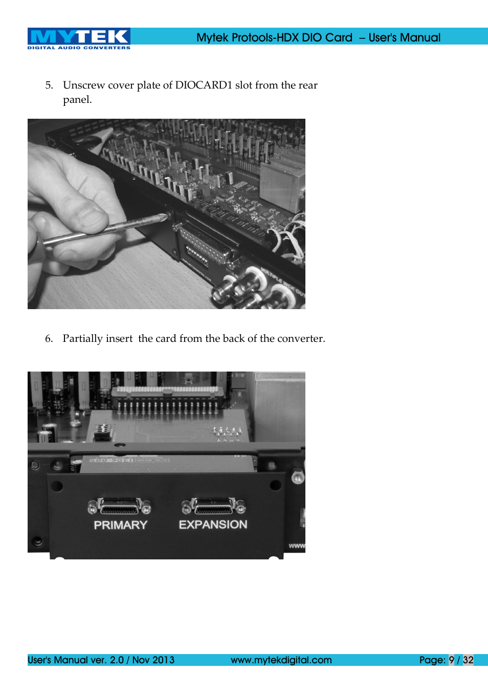 Mytek Digital Protools HDX DIO Card (ver. 2.0 / Nov 2013) User Manual | Page 9 / 32