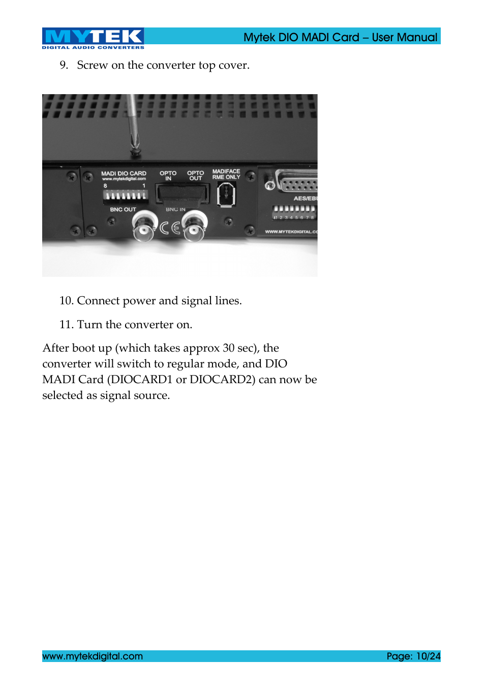 Mytek Digital DIO MADI Card (ver. 1.4 / May 2011) User Manual | Page 10 / 24