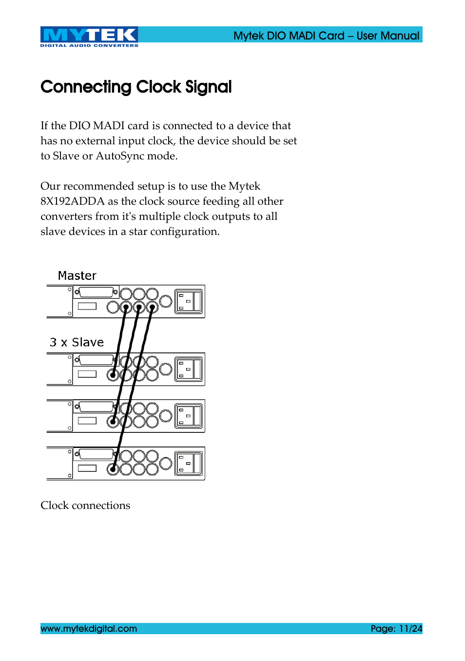 Connecting clock signal | Mytek Digital DIO MADI Card (ver. 1.4 / May 2011) User Manual | Page 11 / 24