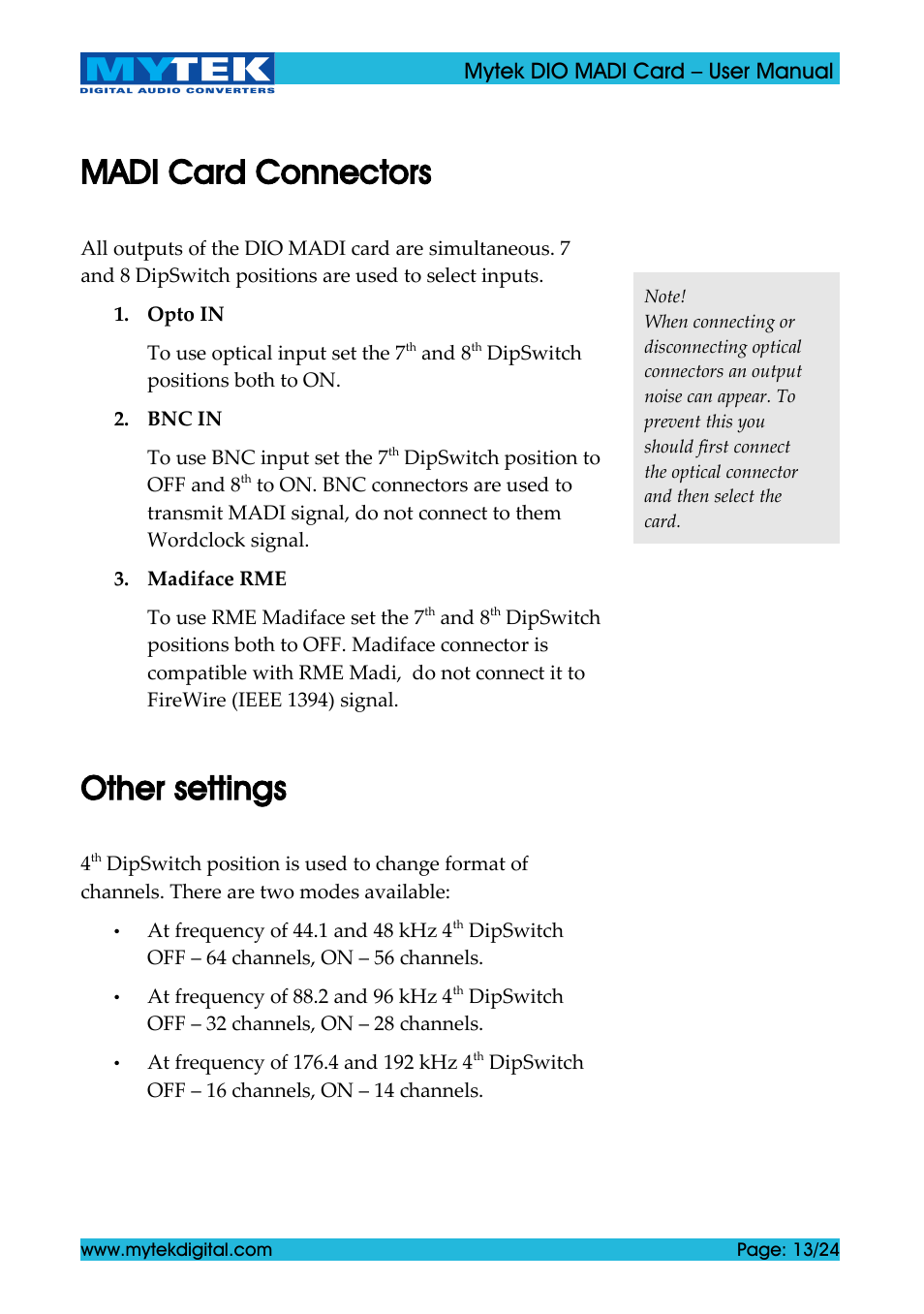 Madi card connectors, Other settings | Mytek Digital DIO MADI Card (ver. 1.4 / May 2011) User Manual | Page 13 / 24