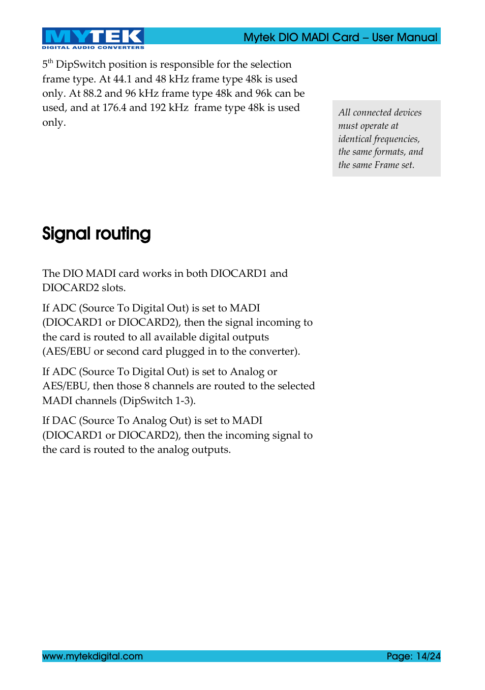 Signal routing | Mytek Digital DIO MADI Card (ver. 1.4 / May 2011) User Manual | Page 14 / 24