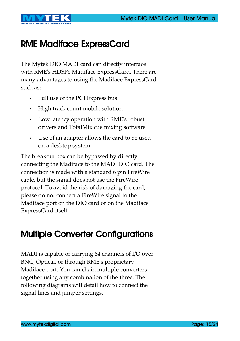 Rme madiface expresscard, Multiple converter configurations | Mytek Digital DIO MADI Card (ver. 1.4 / May 2011) User Manual | Page 15 / 24