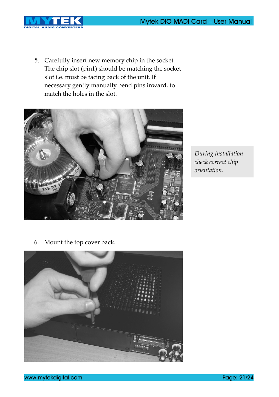 Mytek Digital DIO MADI Card (ver. 1.4 / May 2011) User Manual | Page 21 / 24