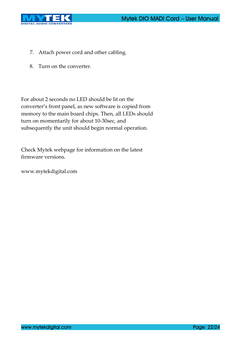 Mytek Digital DIO MADI Card (ver. 1.4 / May 2011) User Manual | Page 22 / 24
