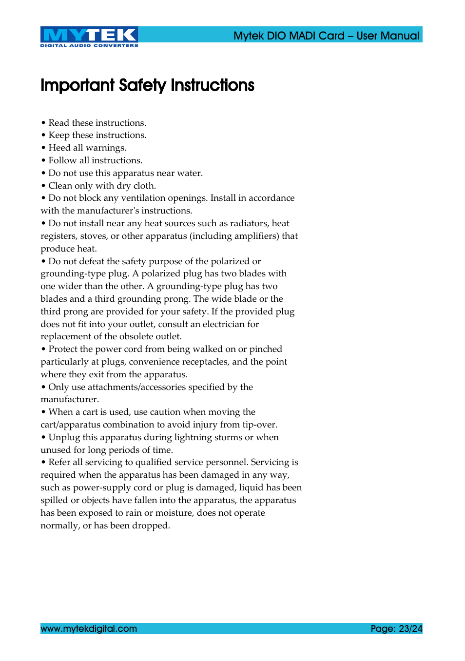Important safety instructions | Mytek Digital DIO MADI Card (ver. 1.4 / May 2011) User Manual | Page 23 / 24