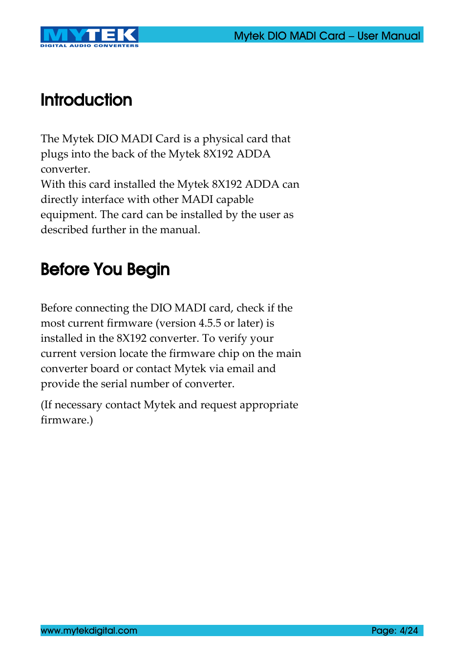 Introduction, Before you begin | Mytek Digital DIO MADI Card (ver. 1.4 / May 2011) User Manual | Page 4 / 24