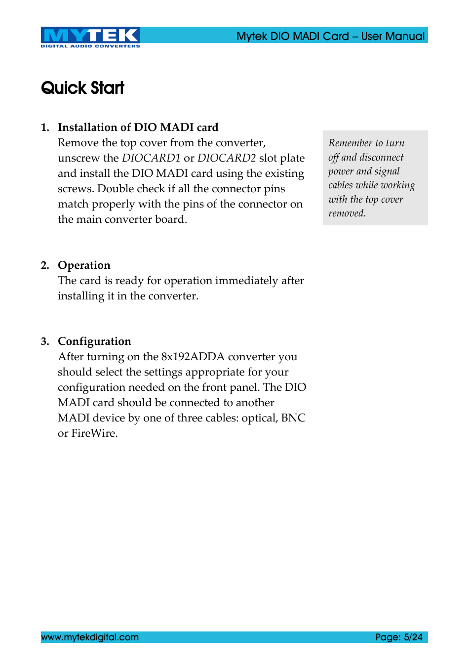 Quick start | Mytek Digital DIO MADI Card (ver. 1.4 / May 2011) User Manual | Page 5 / 24