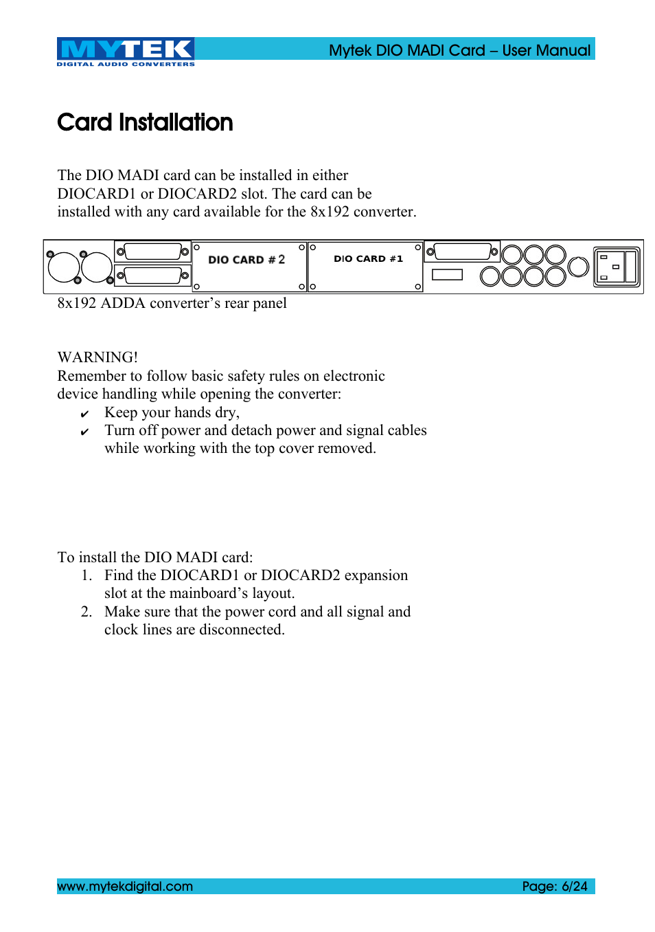 Card installation | Mytek Digital DIO MADI Card (ver. 1.4 / May 2011) User Manual | Page 6 / 24