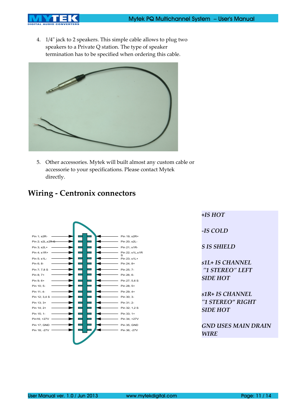 Wiring - centronix connectors, Mytek pq multichannel system – user's manual | Mytek Digital Private-Q Multichannel System (ver. 1.0 / Jan 2014) User Manual | Page 11 / 14