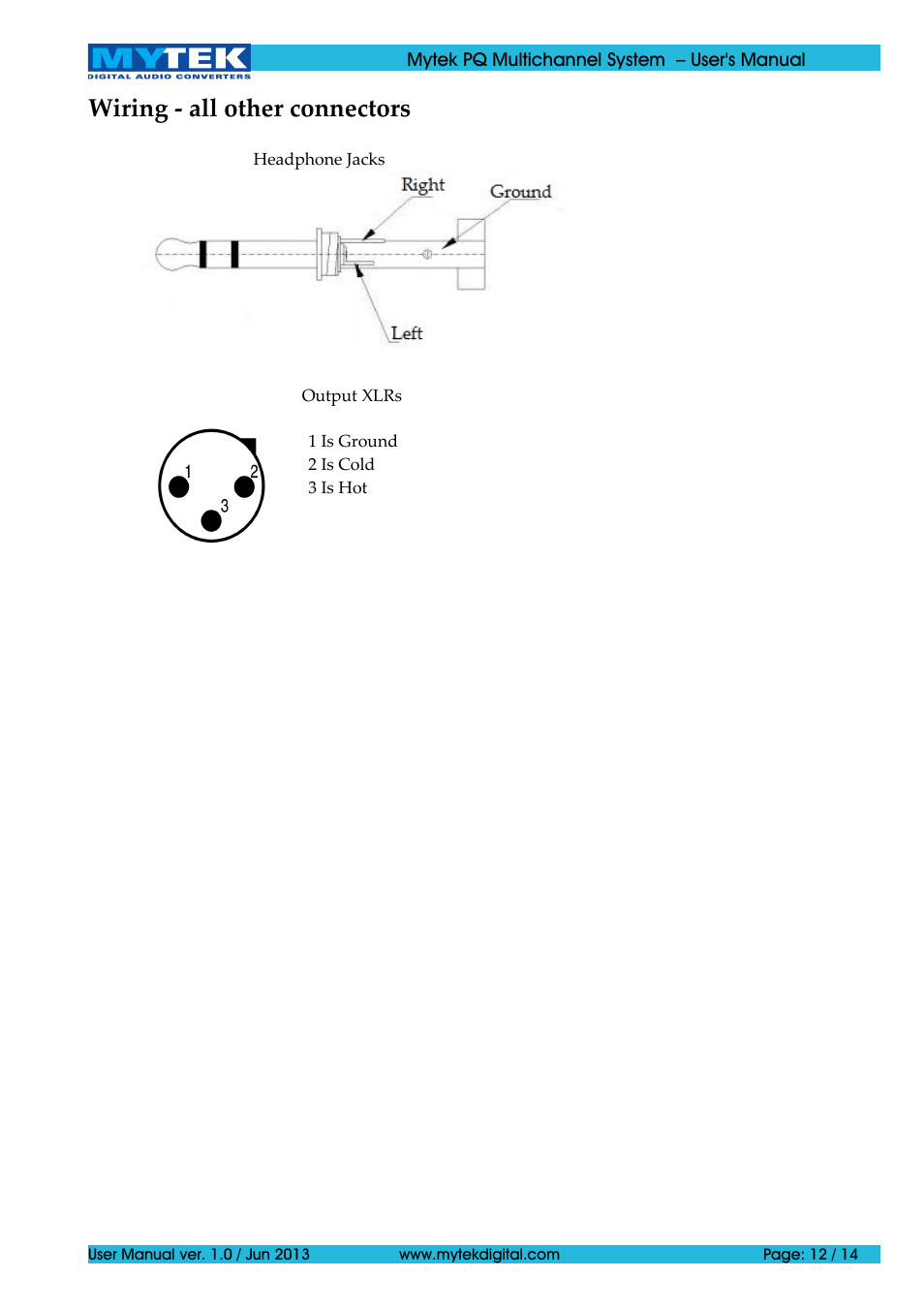 Wiring - all other connectors | Mytek Digital Private-Q Multichannel System (ver. 1.0 / Jan 2014) User Manual | Page 12 / 14