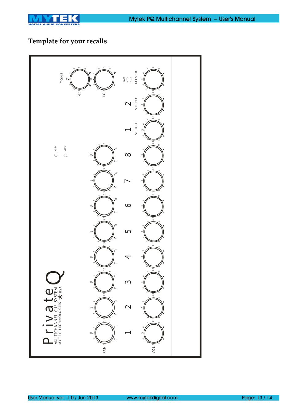 Pri v a te, Template for your recalls, Mytek pq multichannel system – user's manual | Mytek Digital Private-Q Multichannel System (ver. 1.0 / Jan 2014) User Manual | Page 13 / 14