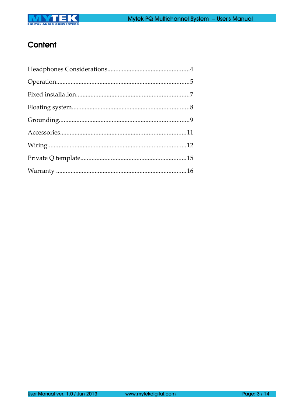 Content | Mytek Digital Private-Q Multichannel System (ver. 1.0 / Jan 2014) User Manual | Page 3 / 14