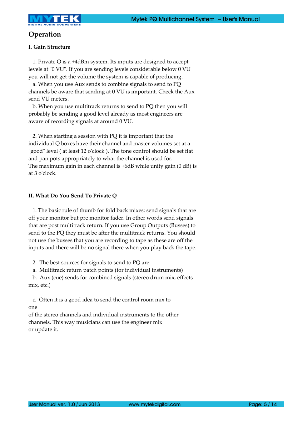 Operation | Mytek Digital Private-Q Multichannel System (ver. 1.0 / Jan 2014) User Manual | Page 5 / 14