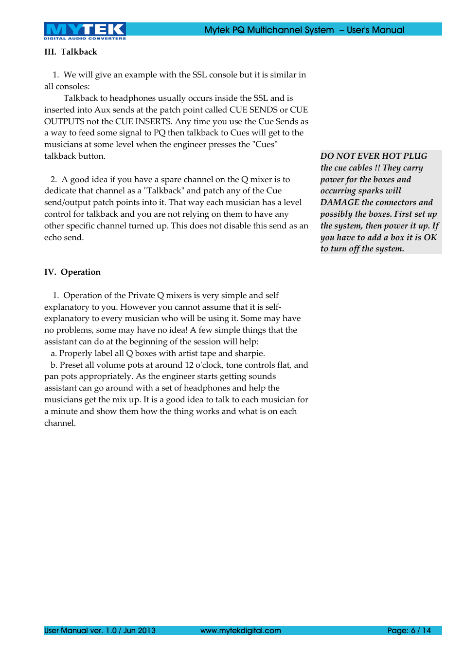 Mytek Digital Private-Q Multichannel System (ver. 1.0 / Jan 2014) User Manual | Page 6 / 14