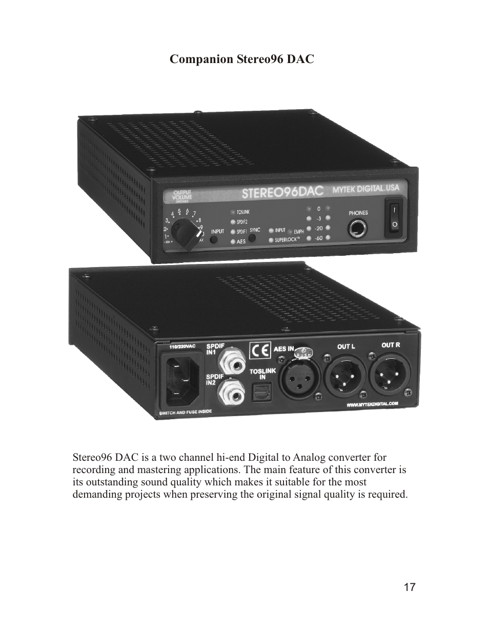 Mytek Digital Stereo 96 ADC (VER.7/sep 2010) User Manual | Page 18 / 20