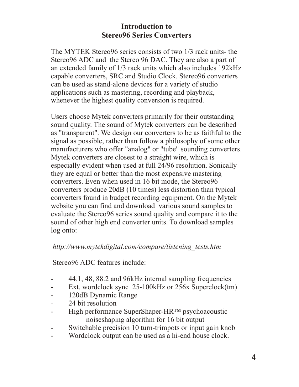 Mytek Digital Stereo 96 ADC (VER.7/sep 2010) User Manual | Page 5 / 20