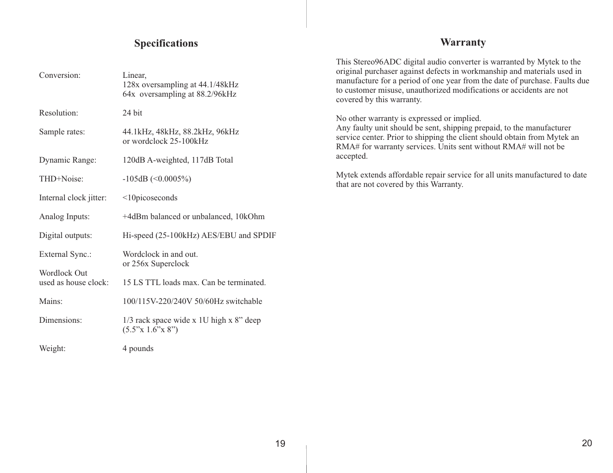 Mytek Digital Stereo 96 ADC (VER.5/2005) User Manual | Page 11 / 11