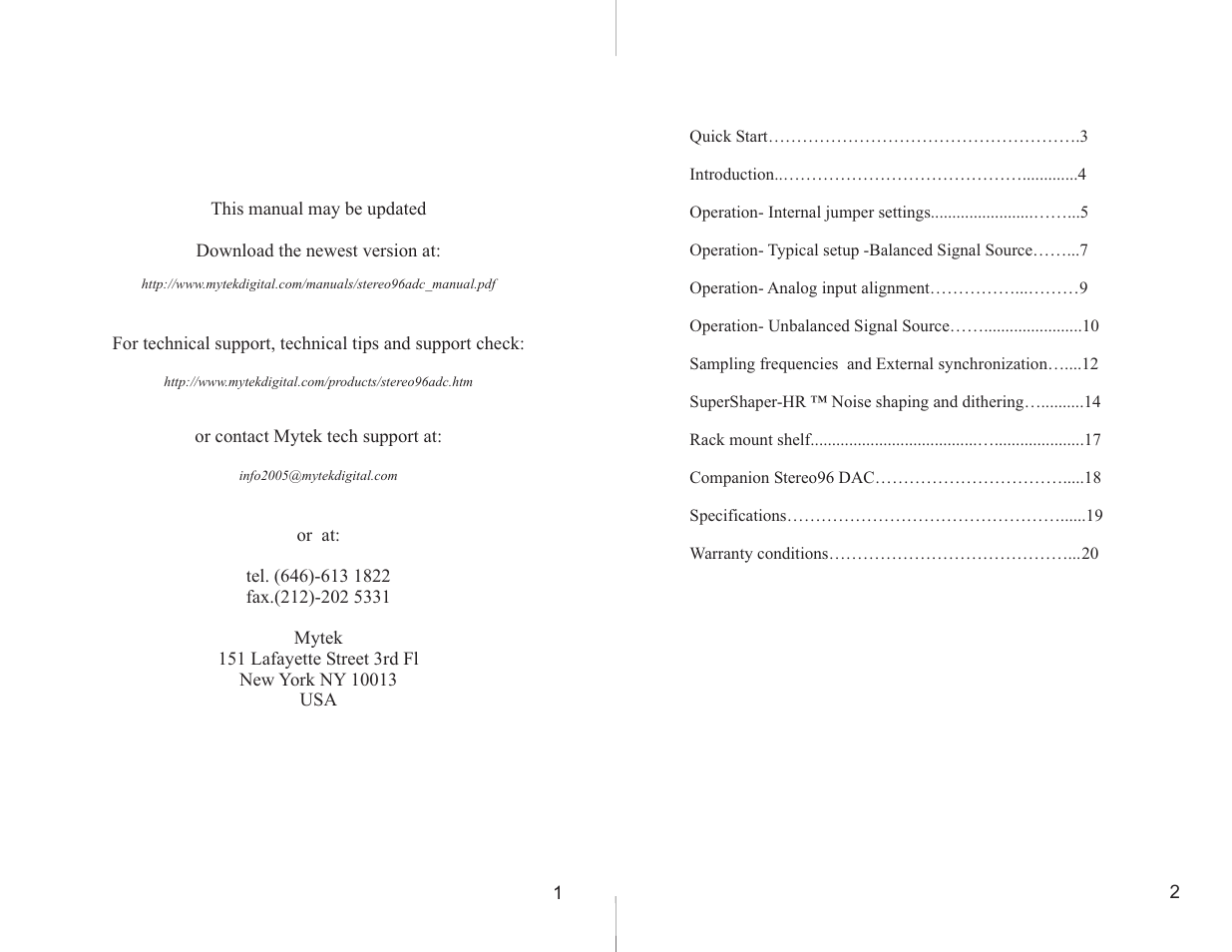 Mytek Digital Stereo 96 ADC (VER.5/2005) User Manual | Page 2 / 11