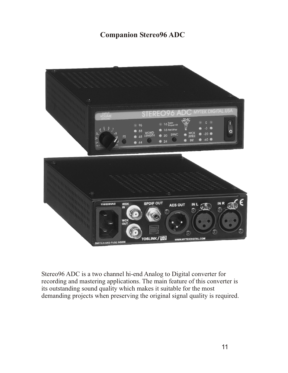 Mytek Digital Stereo 96 DAC (VER.8/sep 2010) User Manual | Page 12 / 14