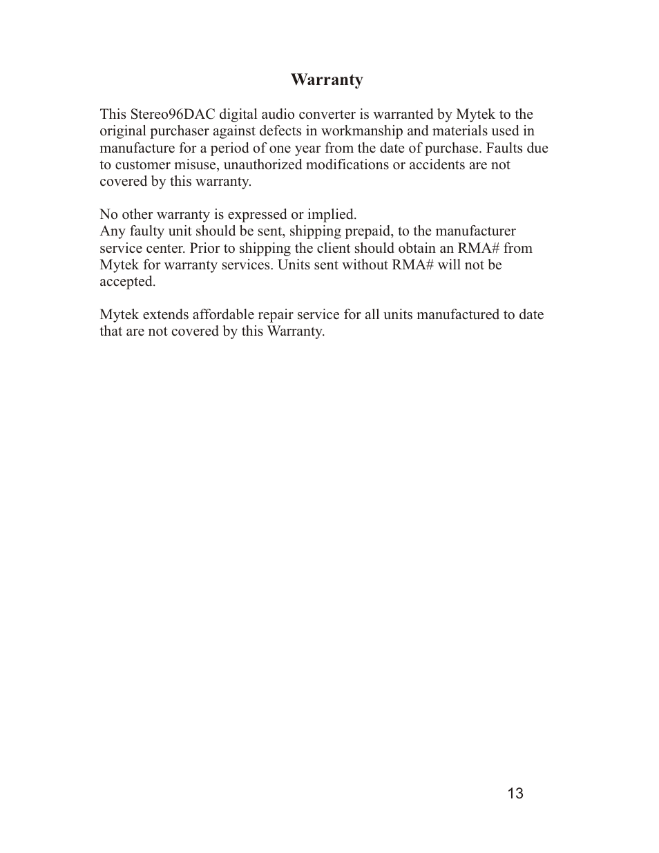 Mytek Digital Stereo 96 DAC (VER.8/sep 2010) User Manual | Page 14 / 14