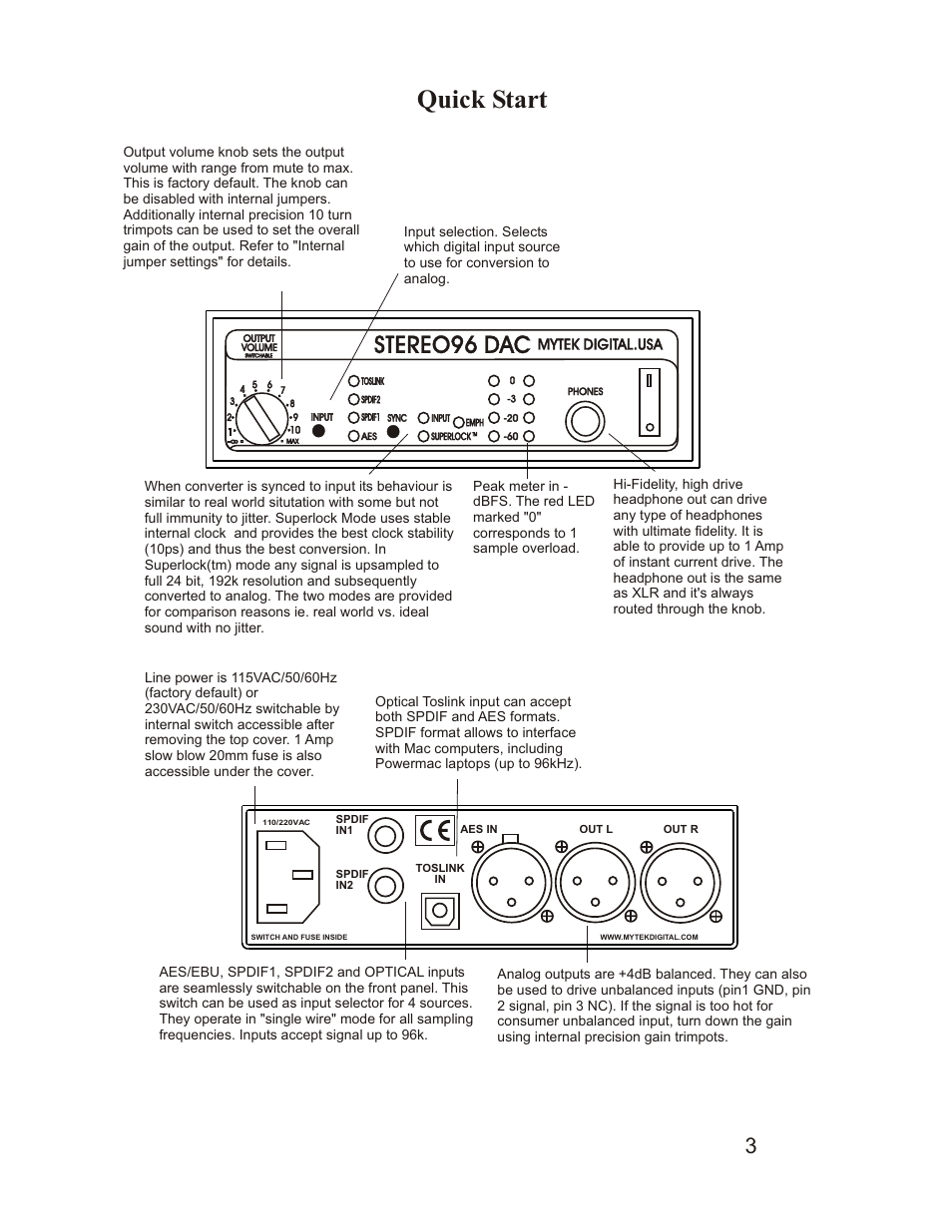 Quick start | Mytek Digital Stereo 96 DAC (VER.8/sep 2010) User Manual | Page 4 / 14